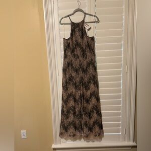 Evening Jumpsuit in Brown with Pink Lace Overlay